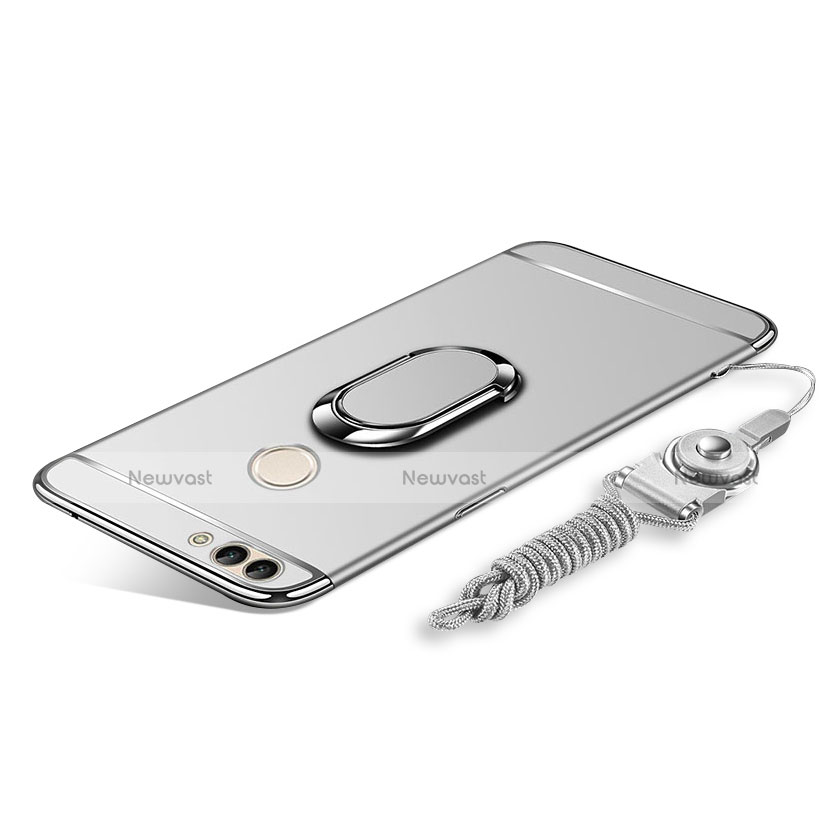 Luxury Metal Frame and Plastic Back Cover with Finger Ring Stand and Lanyard for Huawei Y9 (2018) Silver