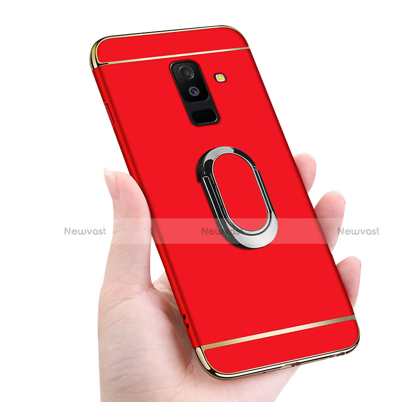 Luxury Metal Frame and Plastic Back Cover with Finger Ring Stand and Lanyard for Samsung Galaxy A6 Plus (2018)