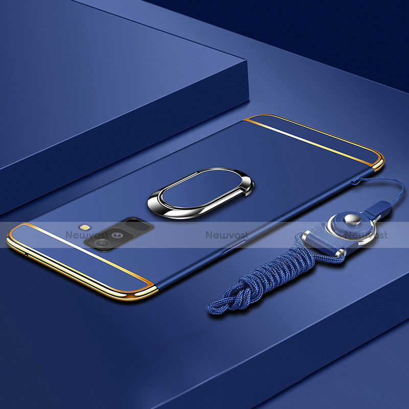 Luxury Metal Frame and Plastic Back Cover with Finger Ring Stand and Lanyard for Samsung Galaxy A6 Plus (2018) Blue