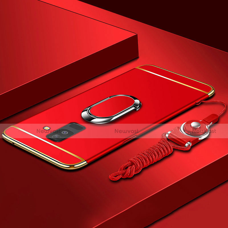 Luxury Metal Frame and Plastic Back Cover with Finger Ring Stand and Lanyard for Samsung Galaxy A6 Plus (2018) Red