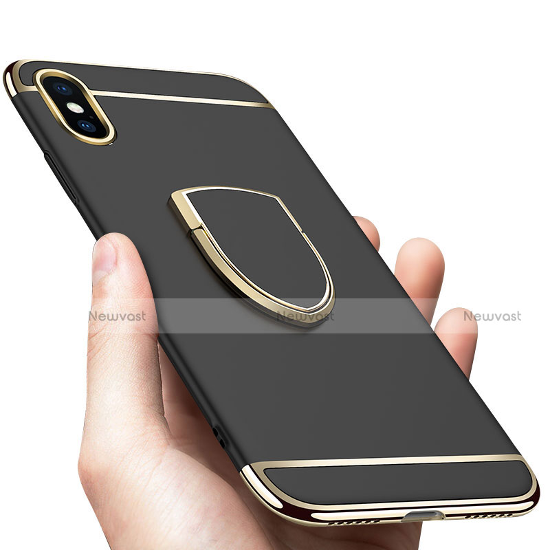 Luxury Metal Frame and Plastic Back Cover with Finger Ring Stand F05 for Apple iPhone Xs Max Black