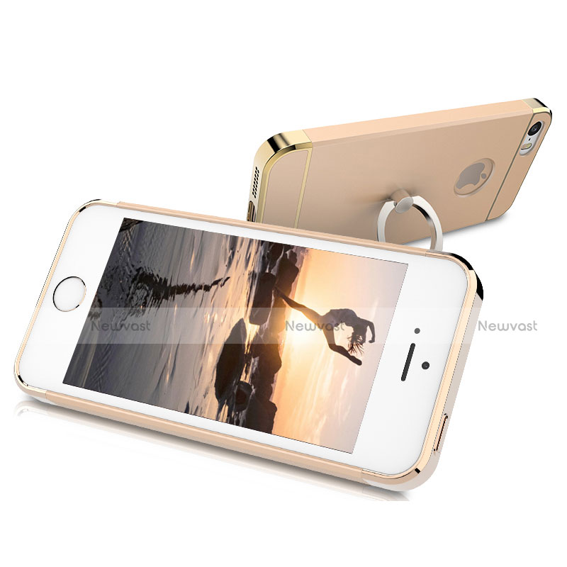 Luxury Metal Frame and Plastic Back Cover with Finger Ring Stand for Apple iPhone 5 Gold