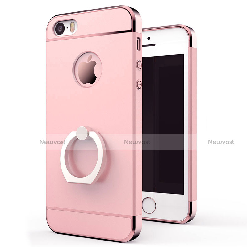 Luxury Metal Frame and Plastic Back Cover with Finger Ring Stand for Apple iPhone 5 Rose Gold