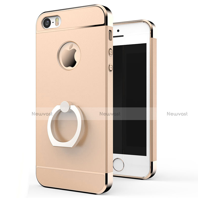 Luxury Metal Frame and Plastic Back Cover with Finger Ring Stand for Apple iPhone 5S Gold