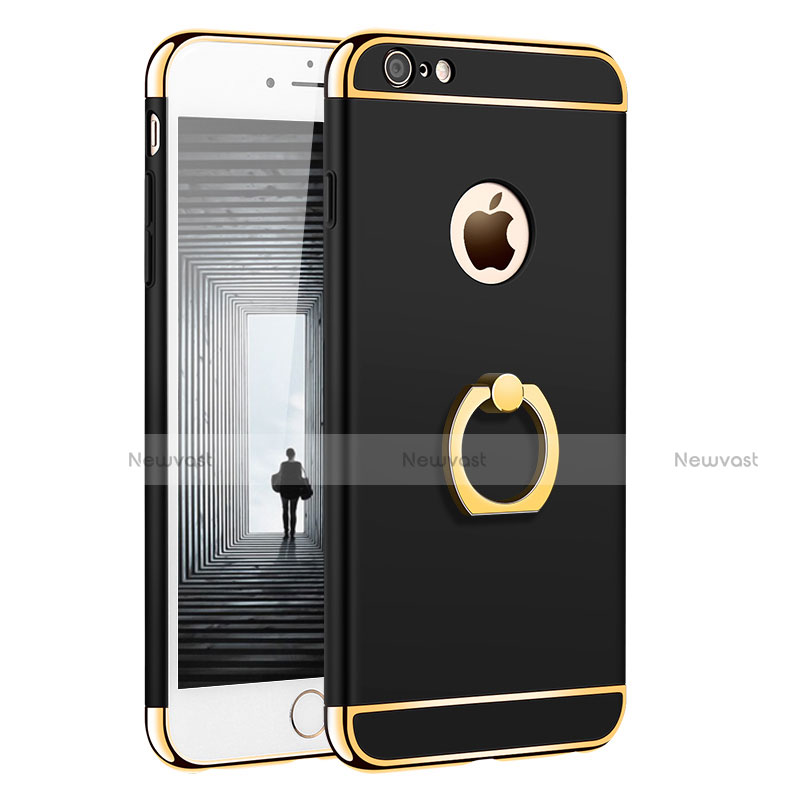 Luxury Metal Frame and Plastic Back Cover with Finger Ring Stand for Apple iPhone 6 Plus Black