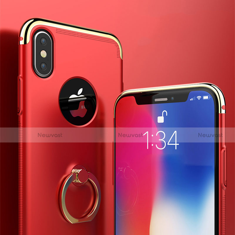 Luxury Metal Frame and Plastic Back Cover with Finger Ring Stand for Apple iPhone X Red