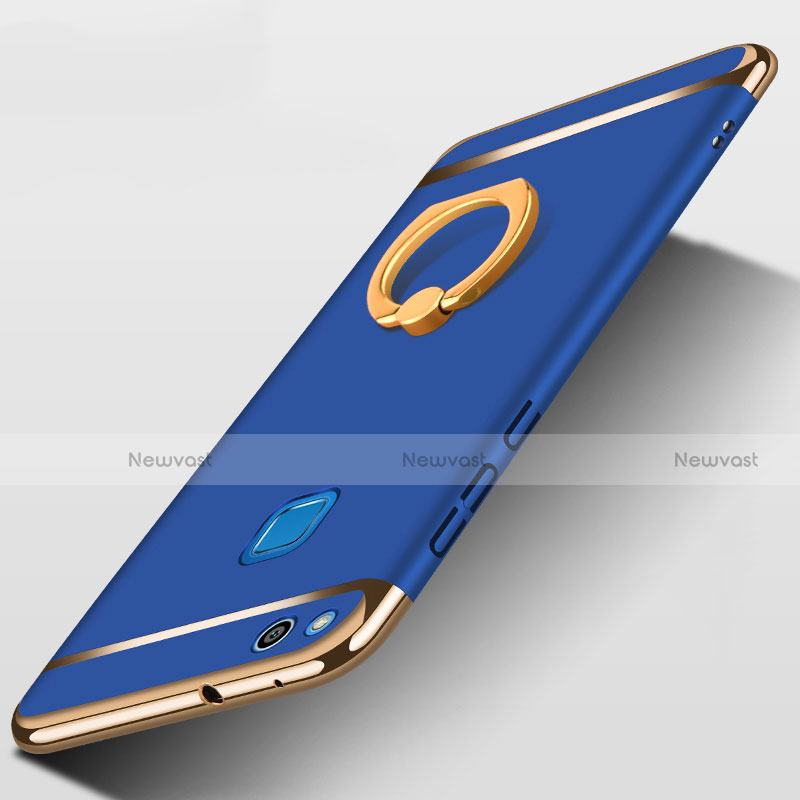 Luxury Metal Frame and Plastic Back Cover with Finger Ring Stand for Huawei GR3 (2017) Blue