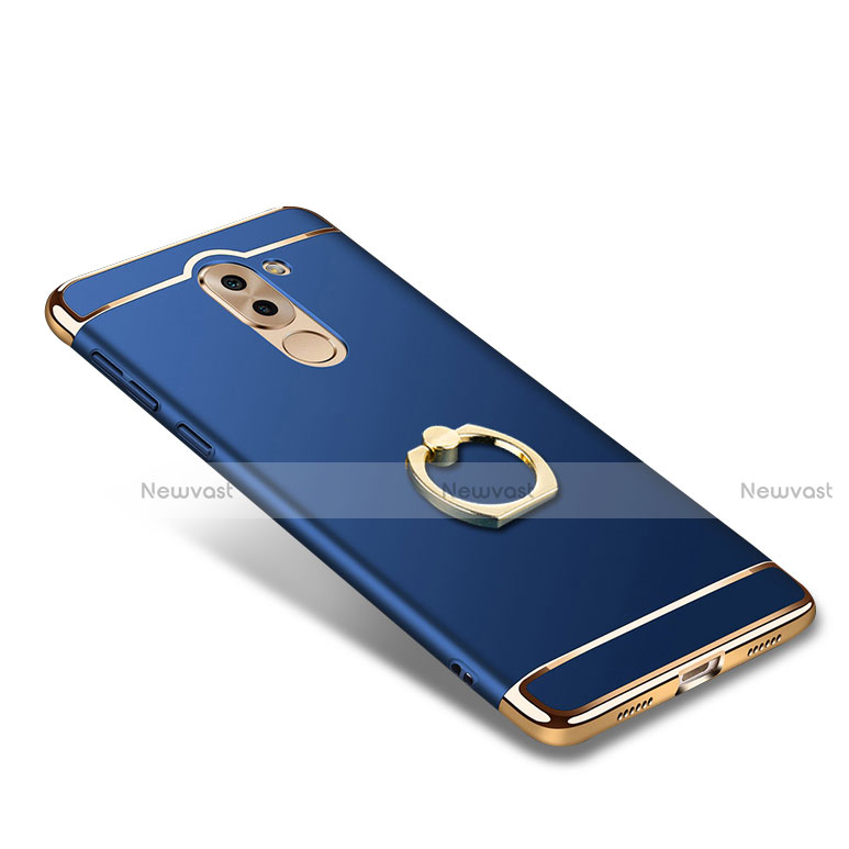 Luxury Metal Frame and Plastic Back Cover with Finger Ring Stand for Huawei GR5 (2017) Blue