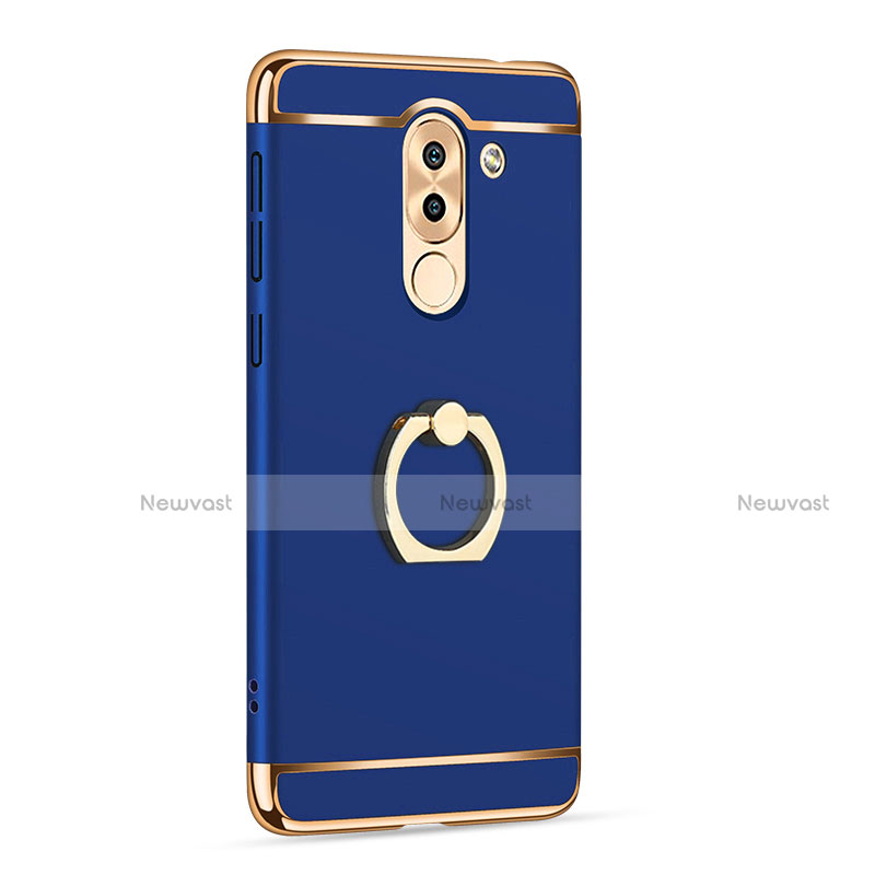 Luxury Metal Frame and Plastic Back Cover with Finger Ring Stand for Huawei Honor 6X Blue