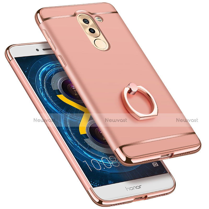 Luxury Metal Frame and Plastic Back Cover with Finger Ring Stand for Huawei Honor 6X Rose Gold