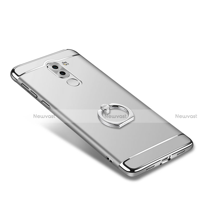 Luxury Metal Frame and Plastic Back Cover with Finger Ring Stand for Huawei Honor 6X Silver