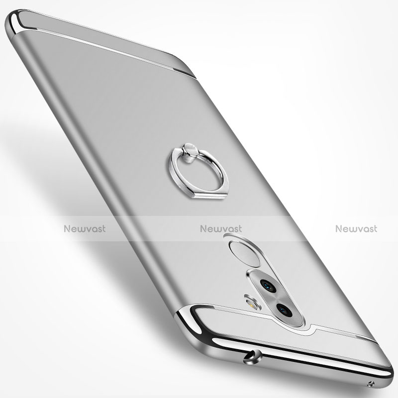 Luxury Metal Frame and Plastic Back Cover with Finger Ring Stand for Huawei Honor 6X Silver