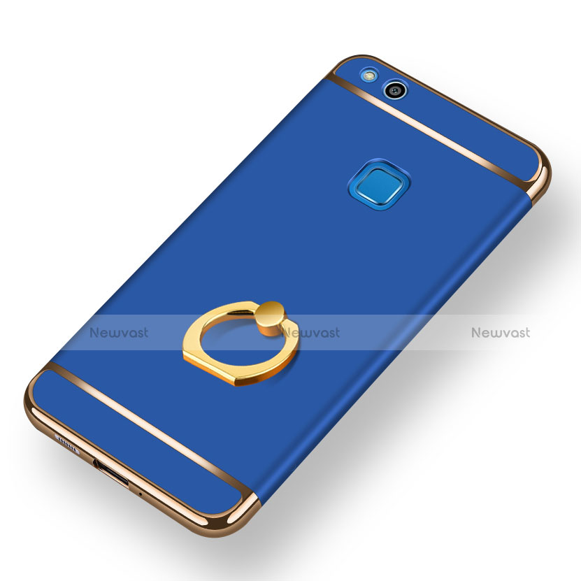 Luxury Metal Frame and Plastic Back Cover with Finger Ring Stand for Huawei Honor 8 Lite Blue