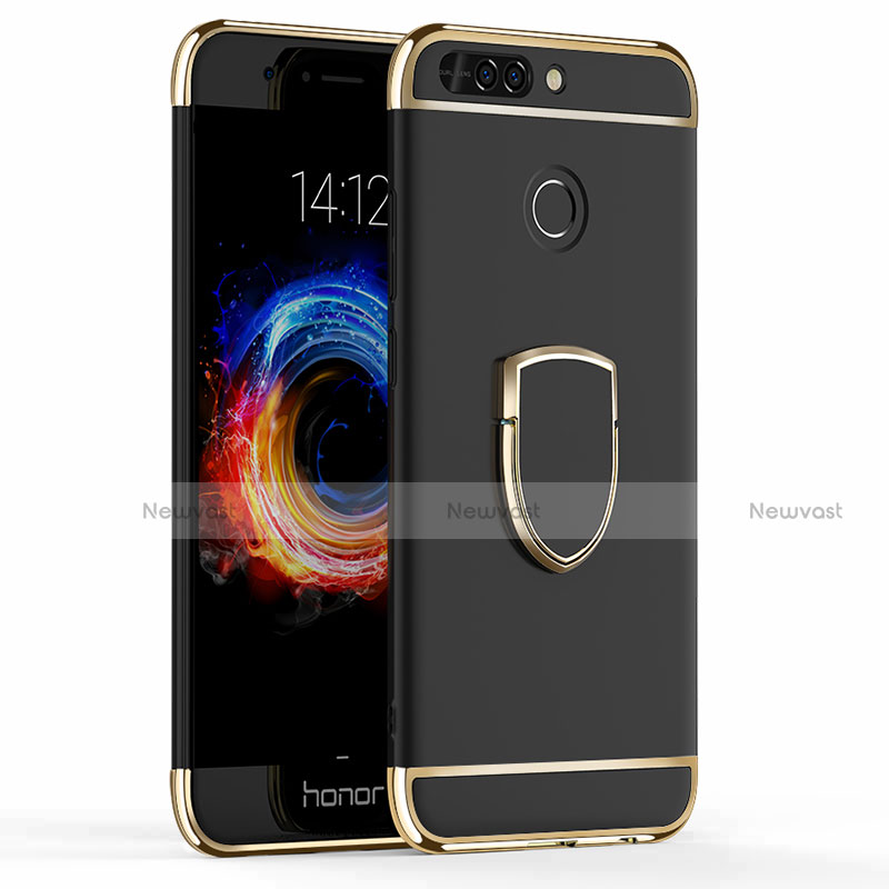 Luxury Metal Frame and Plastic Back Cover with Finger Ring Stand for Huawei Honor 8 Pro Black