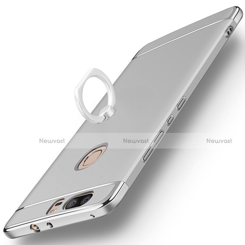 Luxury Metal Frame and Plastic Back Cover with Finger Ring Stand for Huawei Honor V8 Silver