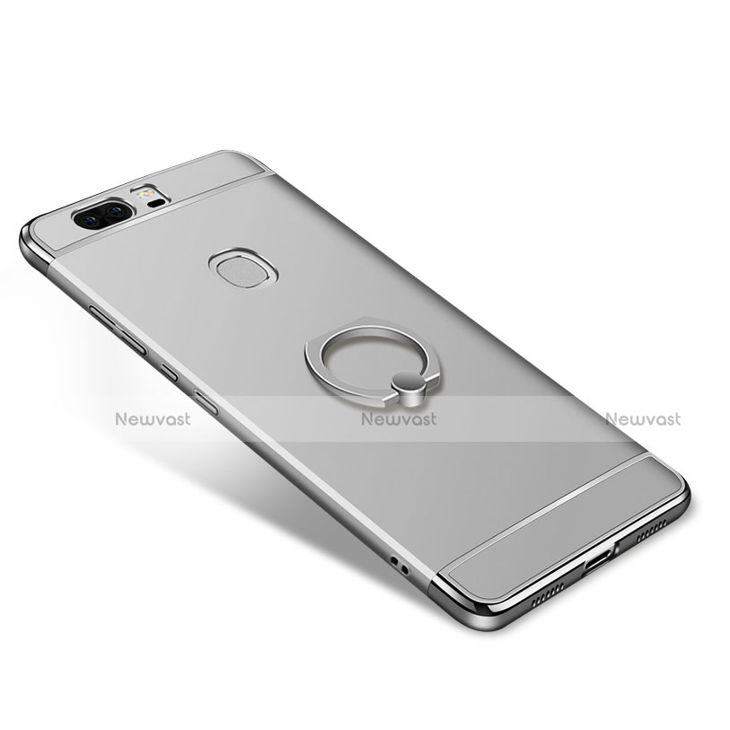 Luxury Metal Frame and Plastic Back Cover with Finger Ring Stand for Huawei Honor V8 Silver