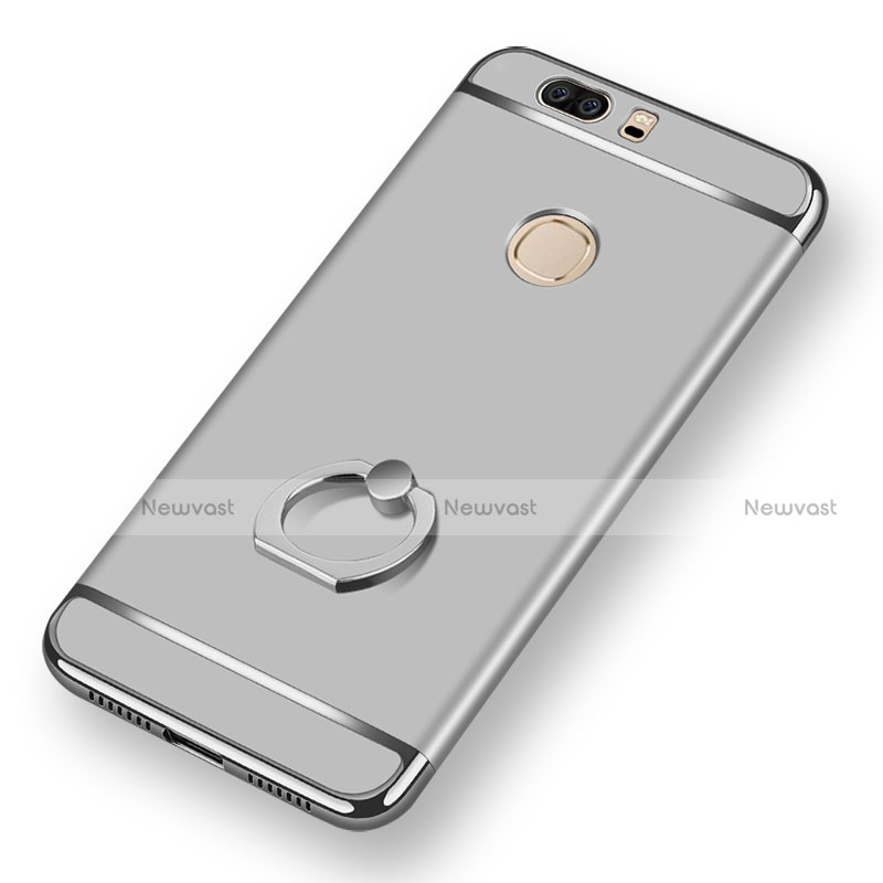 Luxury Metal Frame and Plastic Back Cover with Finger Ring Stand for Huawei Honor V8 Silver