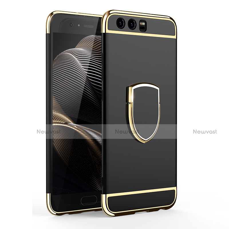 Luxury Metal Frame and Plastic Back Cover with Finger Ring Stand for Huawei P10 Black