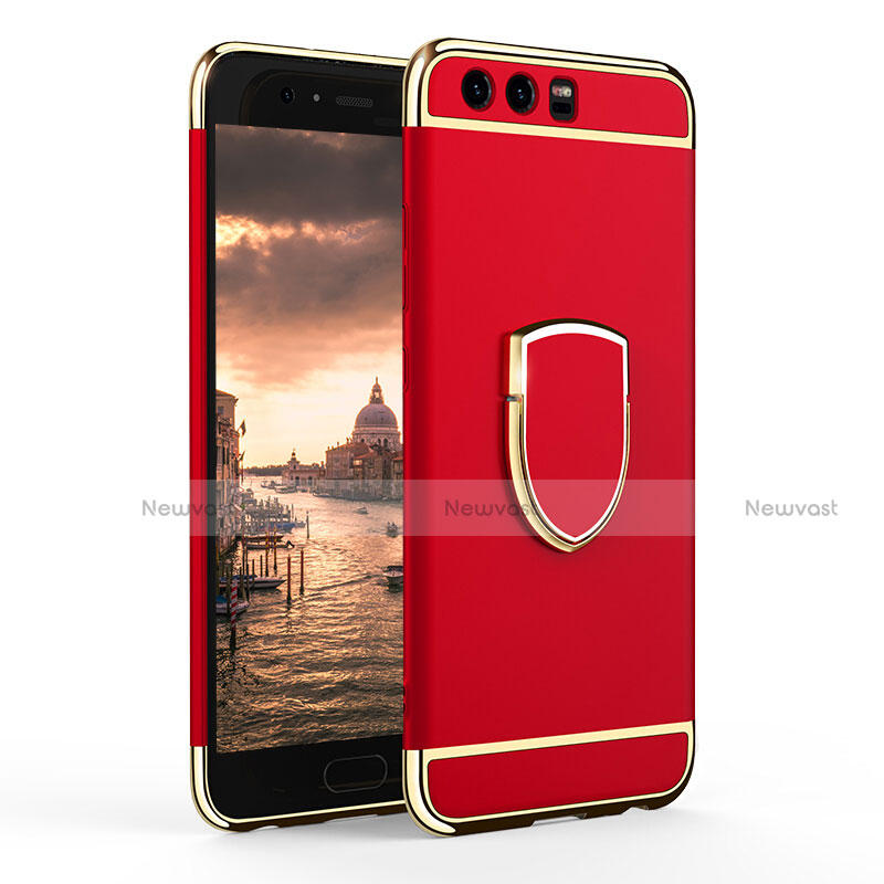 Luxury Metal Frame and Plastic Back Cover with Finger Ring Stand for Huawei P10 Red