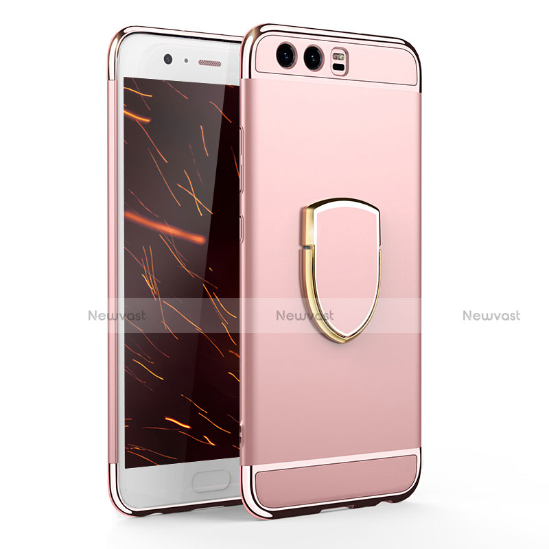 Luxury Metal Frame and Plastic Back Cover with Finger Ring Stand for Huawei P10 Rose Gold