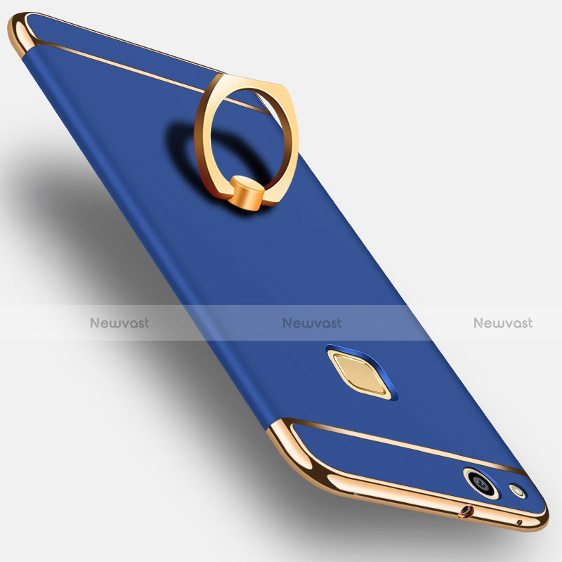 Luxury Metal Frame and Plastic Back Cover with Finger Ring Stand for Huawei P8 Lite (2017) Blue