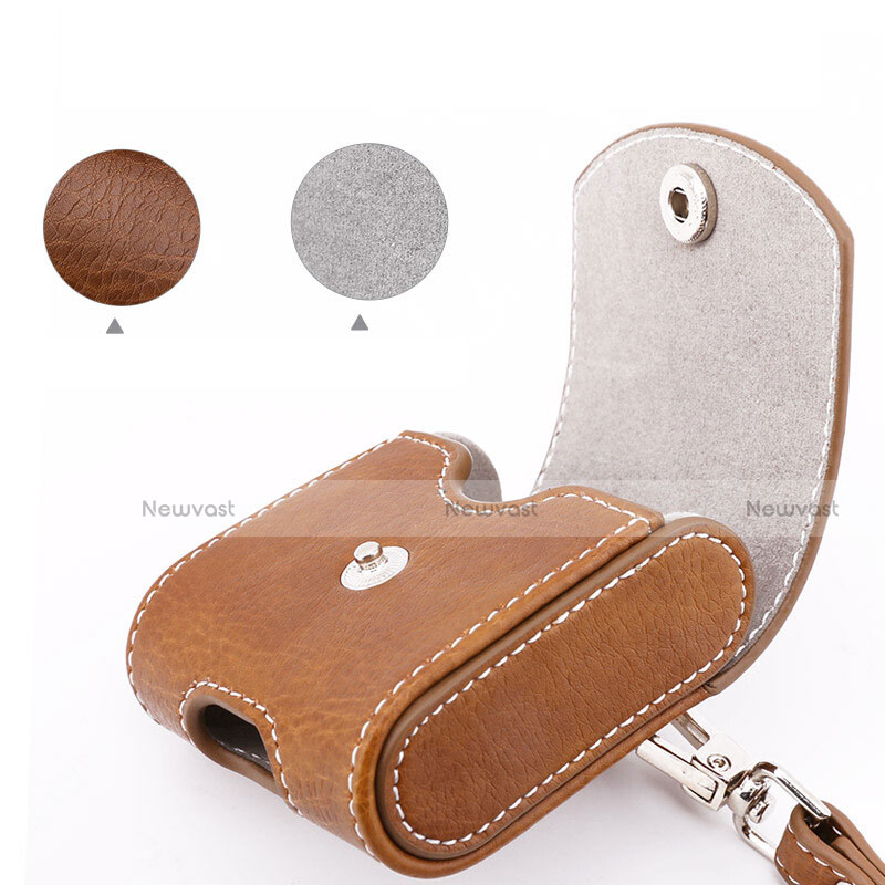 Protective Leather Case Skin for Apple Airpods Charging Box with Keychain A05 Brown