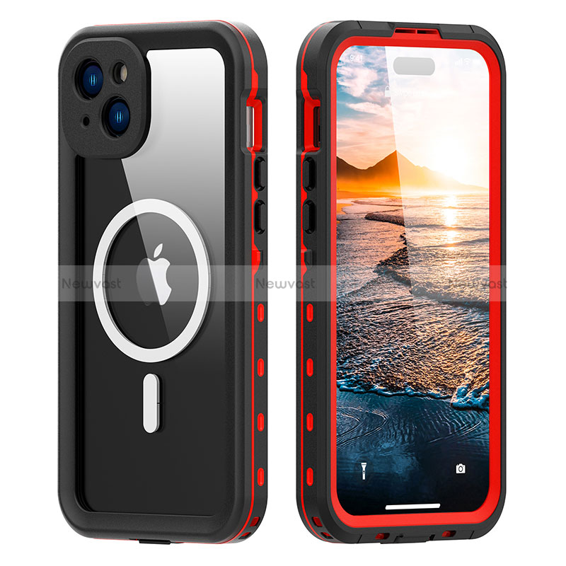 Silicone and Plastic Waterproof Cover Case 360 Degrees Underwater Shell with Mag-Safe Magnetic for Apple iPhone 14 Plus Red