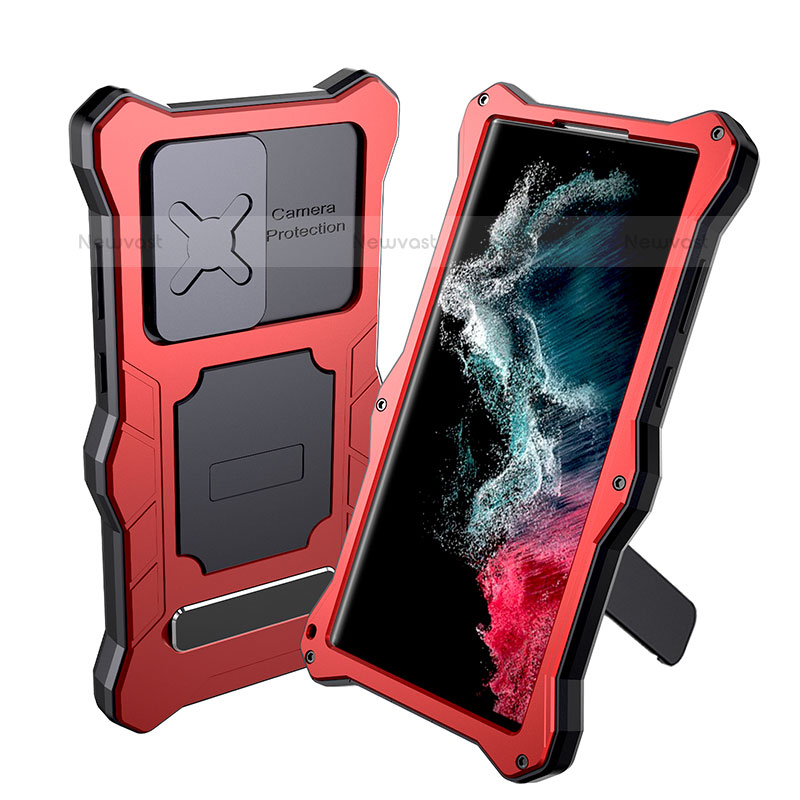 Silicone and Plastic Waterproof Cover Case 360 Degrees Underwater Shell with Stand for Samsung Galaxy S22 Ultra 5G Red