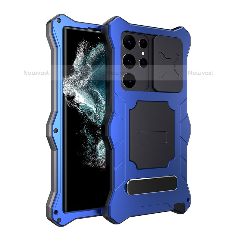 Silicone and Plastic Waterproof Cover Case 360 Degrees Underwater Shell with Stand T01 for Samsung Galaxy S21 Ultra 5G Blue