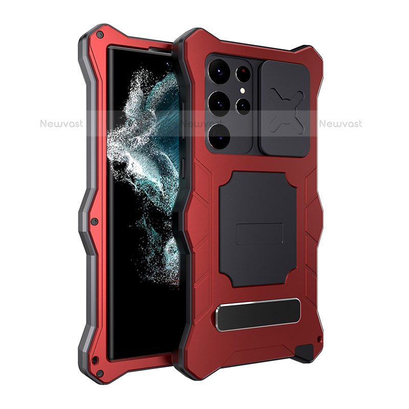 Silicone and Plastic Waterproof Cover Case 360 Degrees Underwater Shell with Stand T01 for Samsung Galaxy S22 Ultra 5G Red