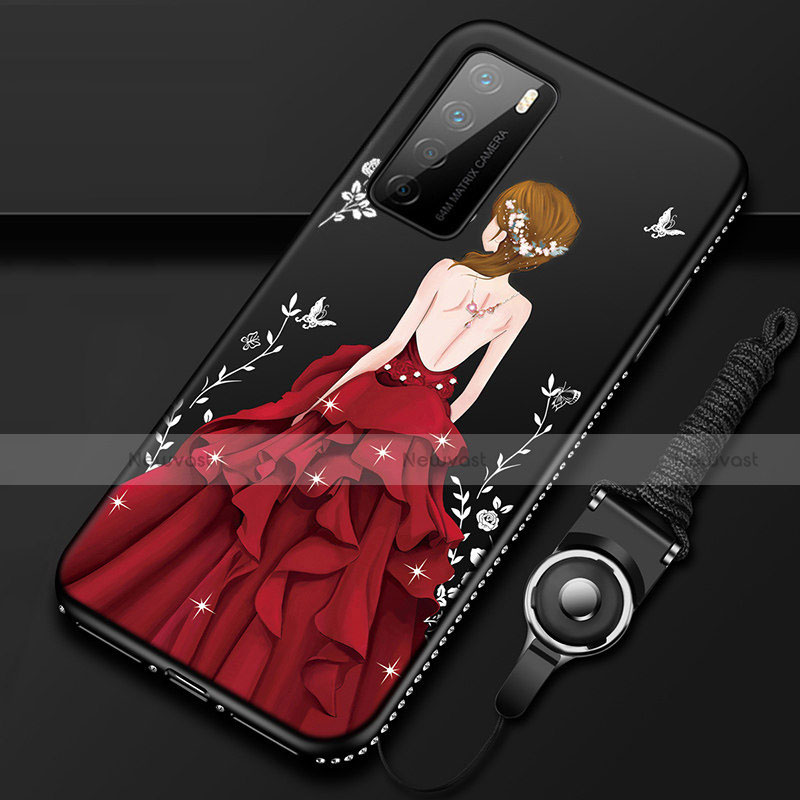 Silicone Candy Rubber Gel Dress Party Girl Soft Case Cover for Huawei Honor Play4 5G Red and Black