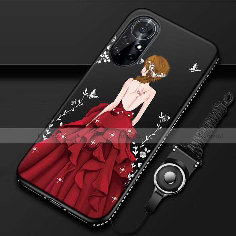 Silicone Candy Rubber Gel Dress Party Girl Soft Case Cover for Huawei Nova 8 Pro 5G Red and Black