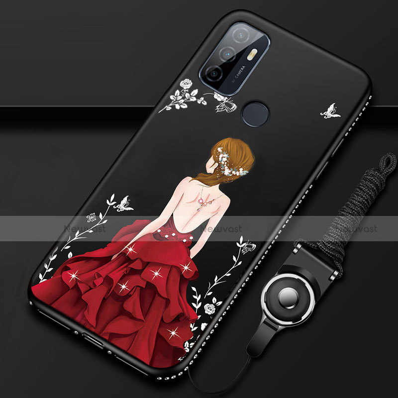 Silicone Candy Rubber Gel Dress Party Girl Soft Case Cover for Oppo A53s Red and Black