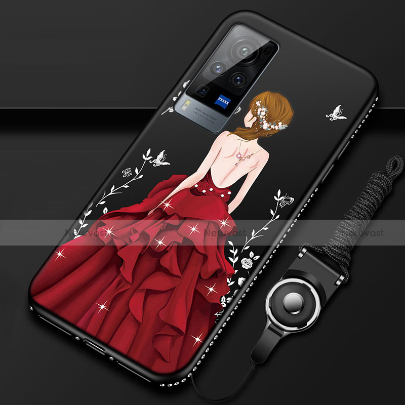 Silicone Candy Rubber Gel Dress Party Girl Soft Case Cover for Vivo X60 Pro 5G Red and Black