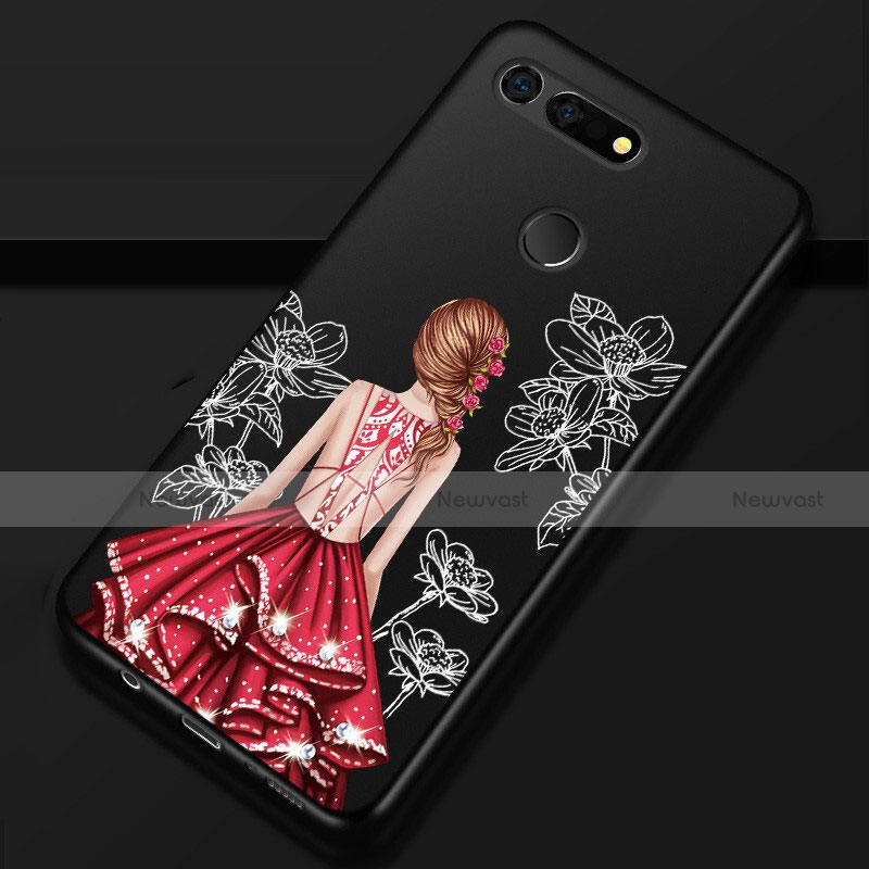 Silicone Candy Rubber Gel Dress Party Girl Soft Case Cover K02 for Huawei Honor V20 Red and Black