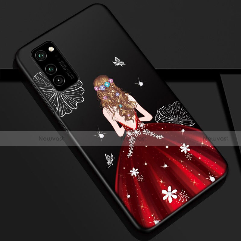 Silicone Candy Rubber Gel Dress Party Girl Soft Case Cover S01 for Huawei Honor V30 5G Red and Black