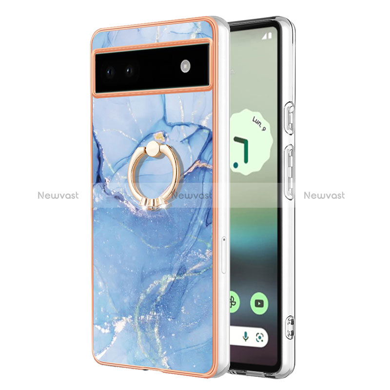 Silicone Candy Rubber Gel Fashionable Pattern Soft Case Cover with Finger Ring Stand Y01B for Google Pixel 6a 5G Blue
