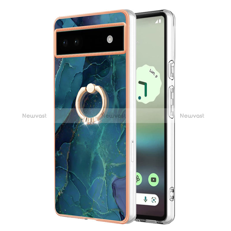 Silicone Candy Rubber Gel Fashionable Pattern Soft Case Cover with Finger Ring Stand Y01B for Google Pixel 6a 5G Green