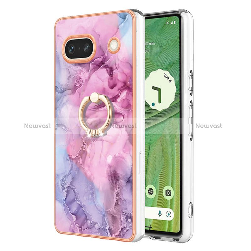 Silicone Candy Rubber Gel Fashionable Pattern Soft Case Cover with Finger Ring Stand Y01B for Google Pixel 7a 5G Clove Purple