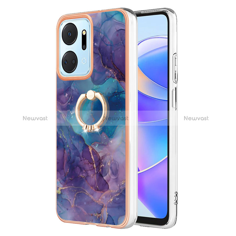 Silicone Candy Rubber Gel Fashionable Pattern Soft Case Cover with Finger Ring Stand Y01B for Huawei Honor X7a Purple