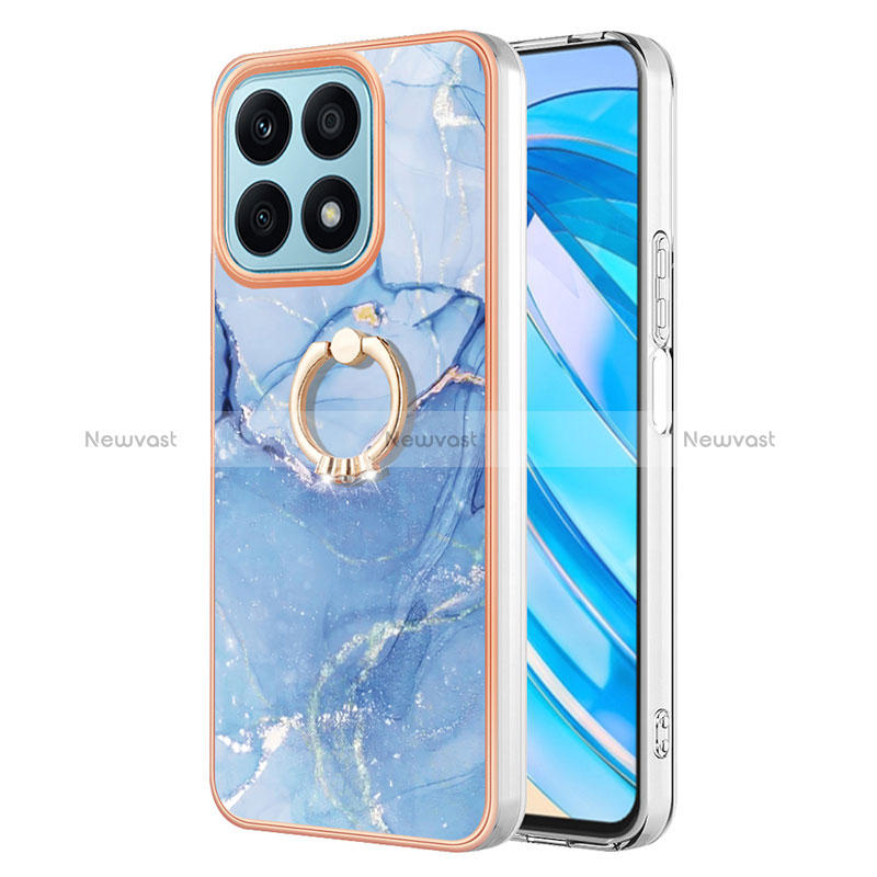 Silicone Candy Rubber Gel Fashionable Pattern Soft Case Cover with Finger Ring Stand Y01B for Huawei Honor X8a 4G Blue