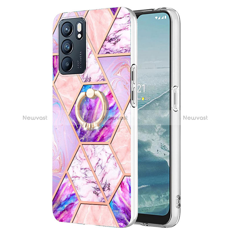 Silicone Candy Rubber Gel Fashionable Pattern Soft Case Cover with Finger Ring Stand Y01B for Oppo Reno6 5G Clove Purple