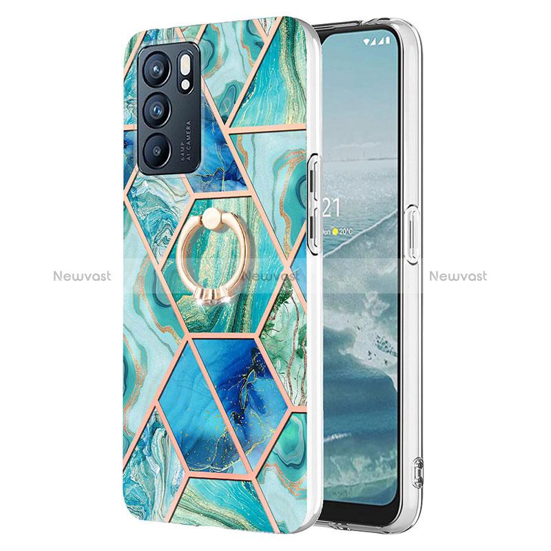 Silicone Candy Rubber Gel Fashionable Pattern Soft Case Cover with Finger Ring Stand Y01B for Oppo Reno6 5G Green