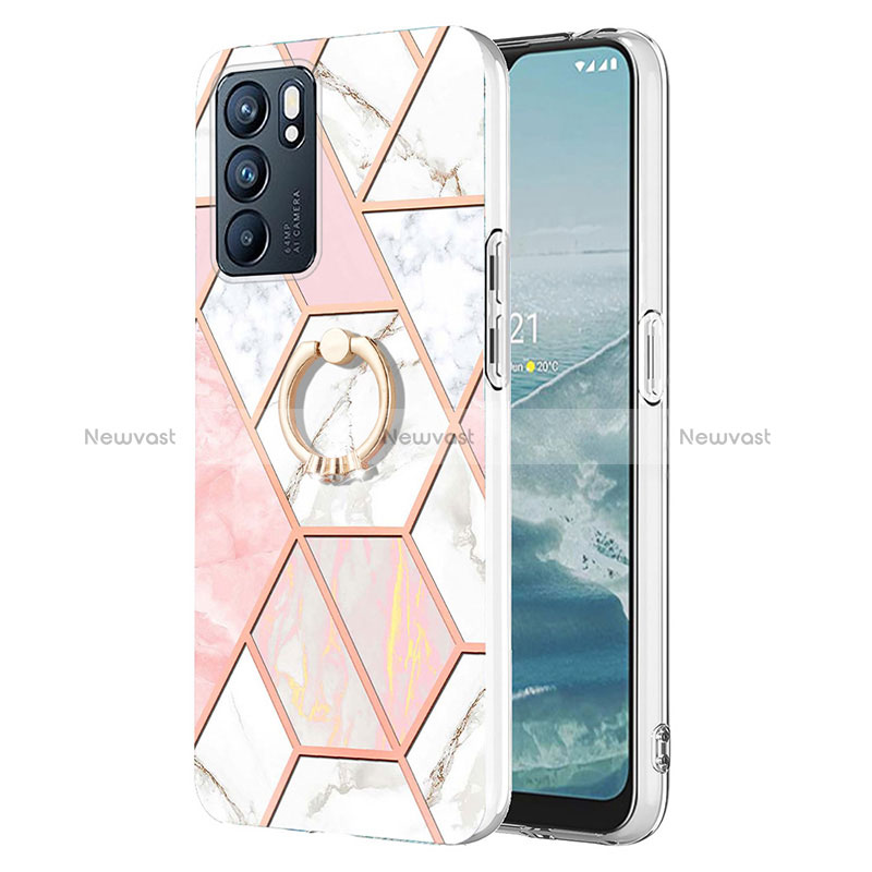 Silicone Candy Rubber Gel Fashionable Pattern Soft Case Cover with Finger Ring Stand Y01B for Oppo Reno6 5G Pink