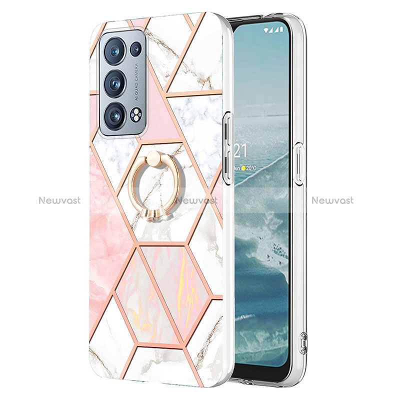 Silicone Candy Rubber Gel Fashionable Pattern Soft Case Cover with Finger Ring Stand Y01B for Oppo Reno6 Pro 5G Pink