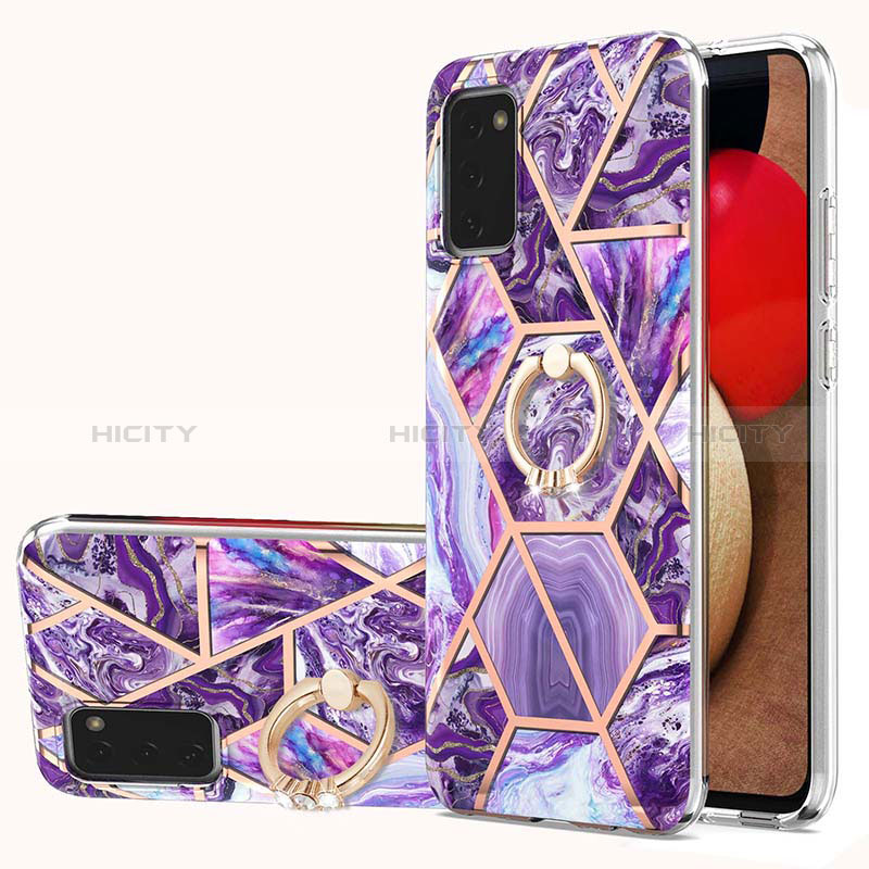 Silicone Candy Rubber Gel Fashionable Pattern Soft Case Cover with Finger Ring Stand Y01B for Samsung Galaxy A03s Purple