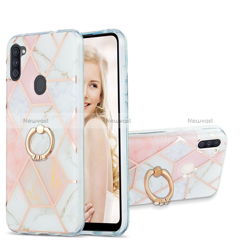 Silicone Candy Rubber Gel Fashionable Pattern Soft Case Cover with Finger Ring Stand Y01B for Samsung Galaxy A11 Pink