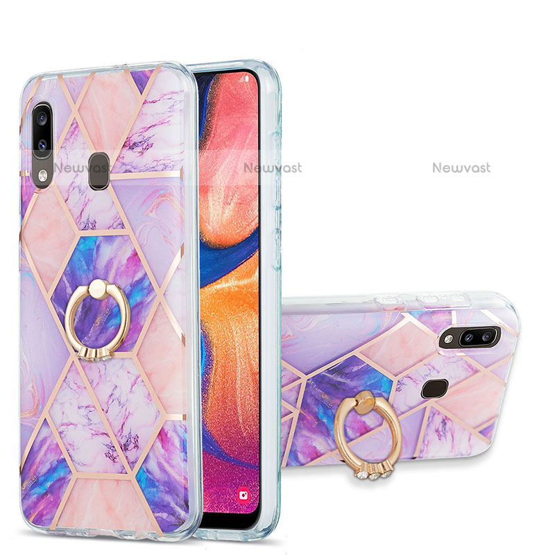 Silicone Candy Rubber Gel Fashionable Pattern Soft Case Cover with Finger Ring Stand Y01B for Samsung Galaxy A20 Clove Purple