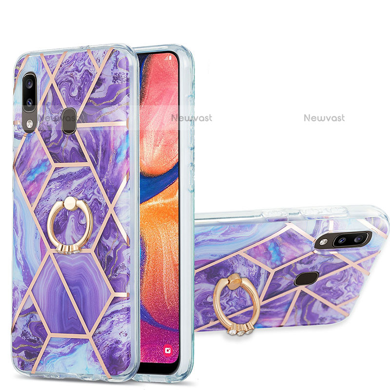 Silicone Candy Rubber Gel Fashionable Pattern Soft Case Cover with Finger Ring Stand Y01B for Samsung Galaxy A20 Purple