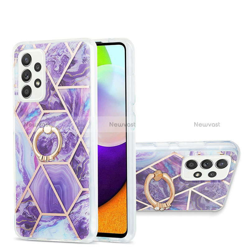 Silicone Candy Rubber Gel Fashionable Pattern Soft Case Cover with Finger Ring Stand Y01B for Samsung Galaxy A52 5G Purple